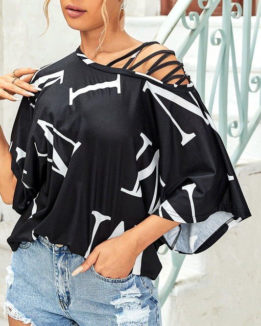 Letter Print Cold Shoulder Bell Sleeve Top