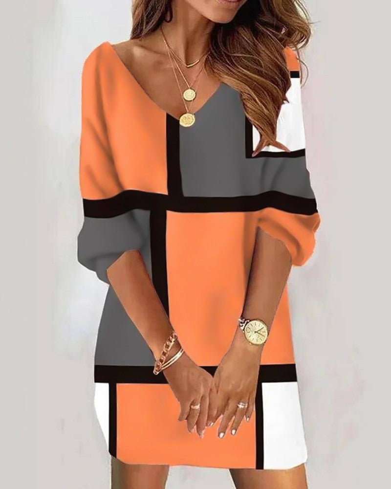 Geometric Print Colorblock Casual Dress