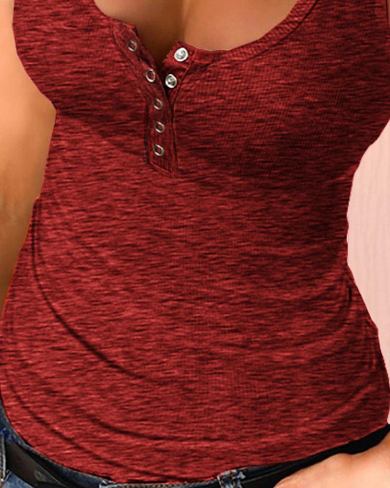 U Neck Snap Button Ribbed Tank Top