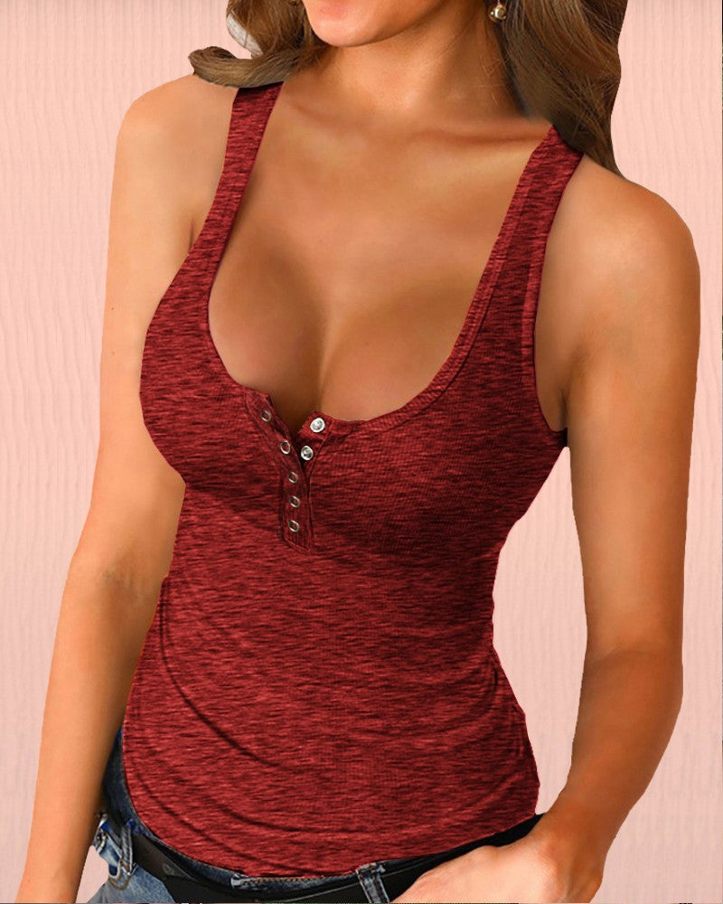 U Neck Snap Button Ribbed Tank Top