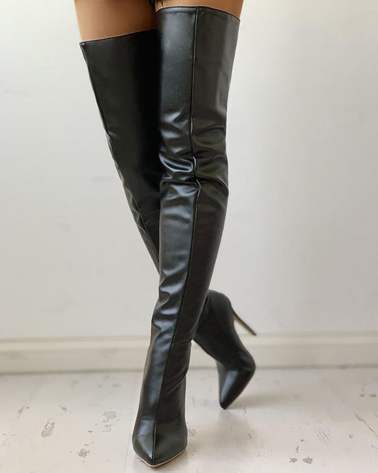 PU Zippper Thin Heeled Long Boots