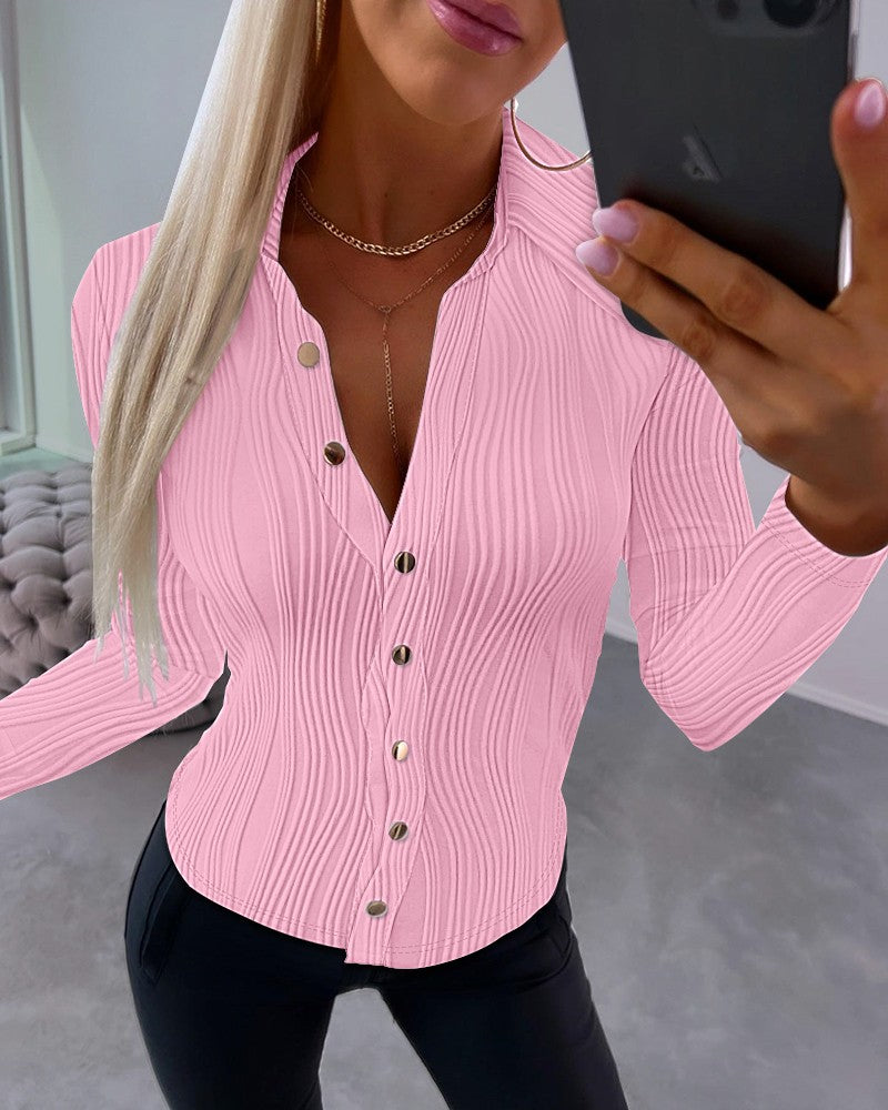 Buttoned Long Sleeve Textured Top