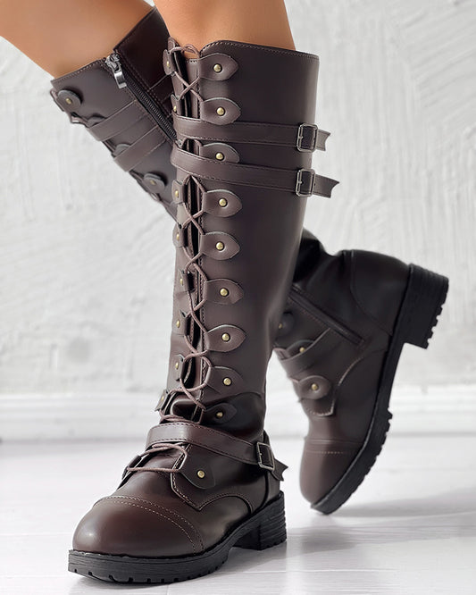 Lace up Buckled Chunky Heel Calf Boots