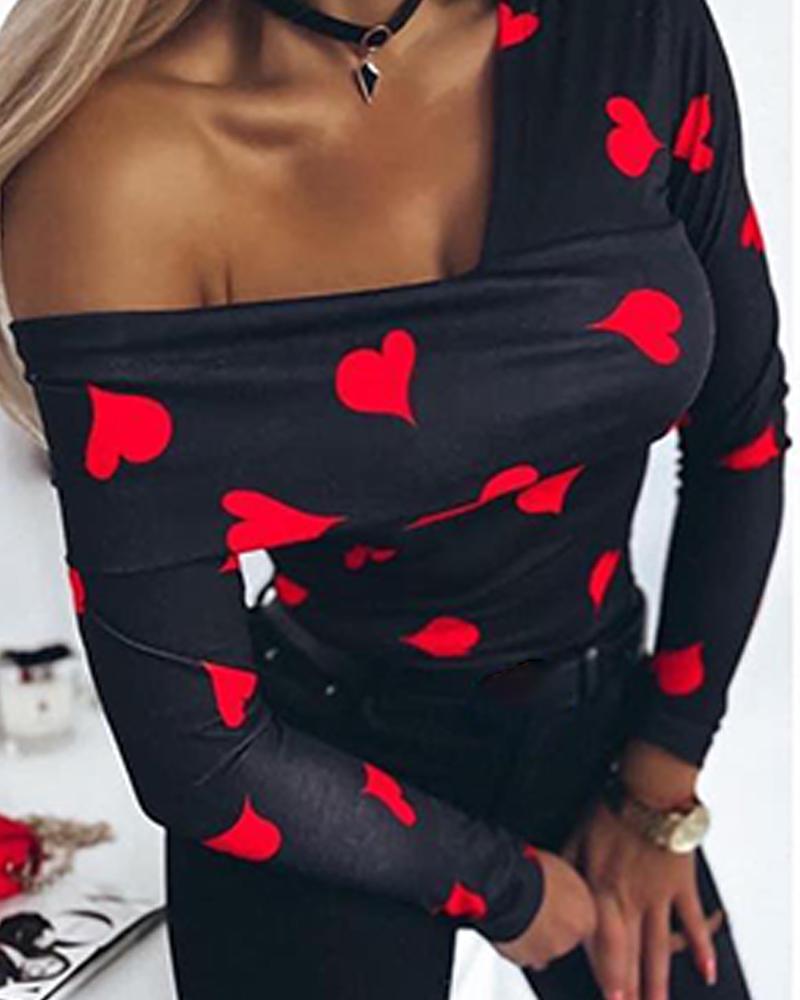 Heart Print Asymmetrical Neck Top