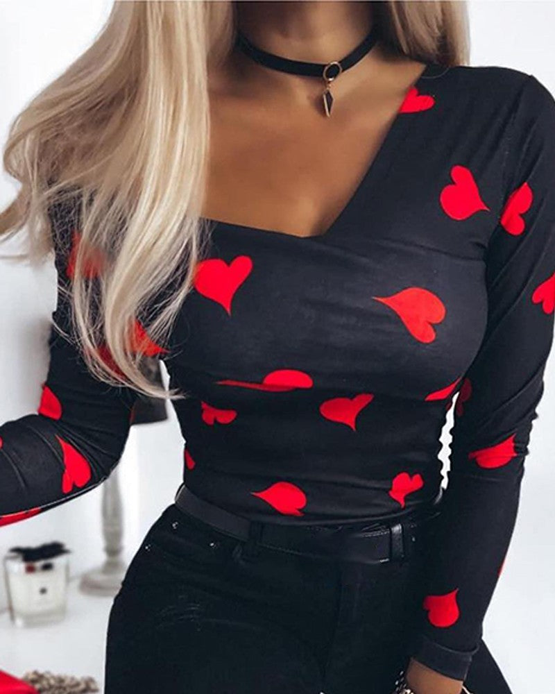 Heart Print Asymmetrical Neck Top