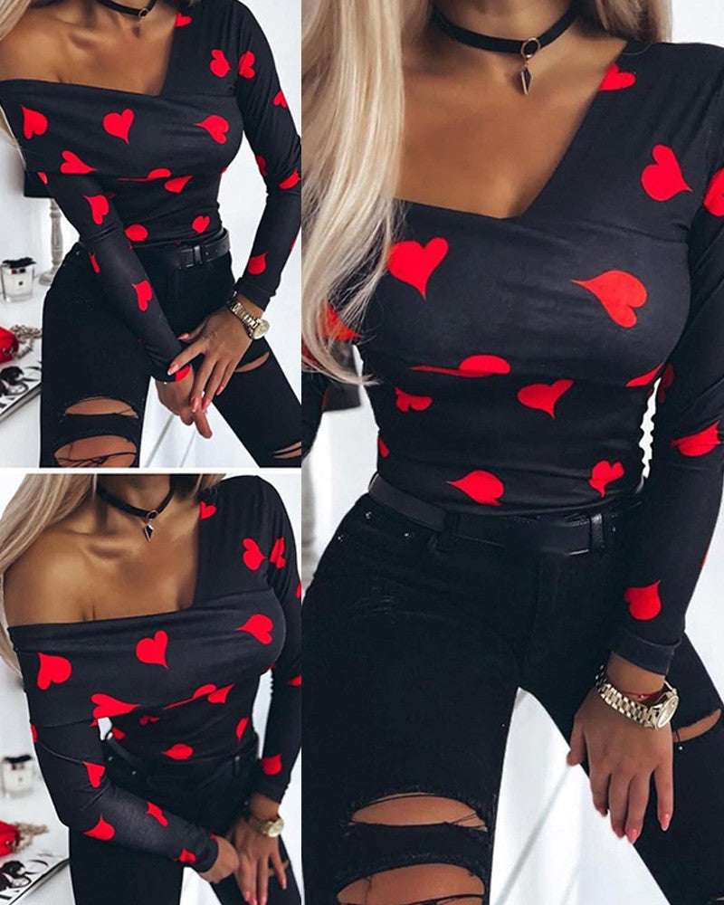 Heart Print Asymmetrical Neck Top