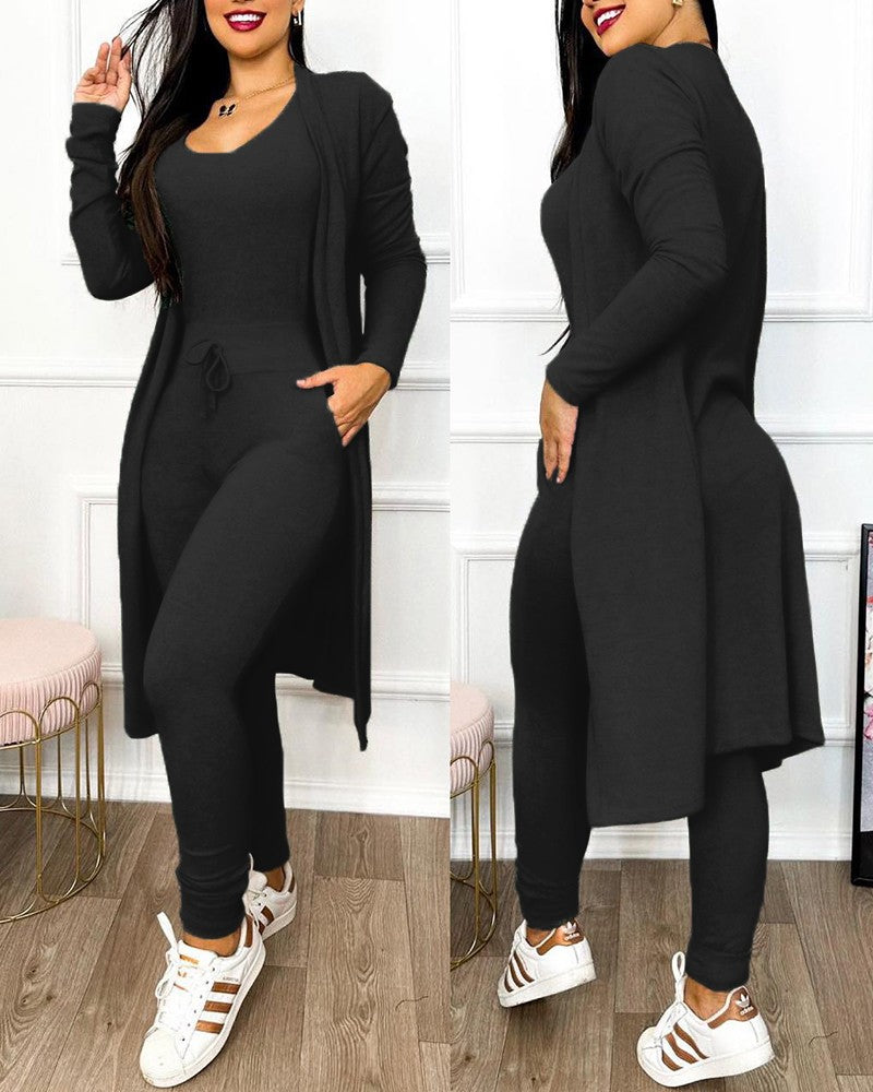 Drawstring Pocket Design Jumpsuit & Coat Set