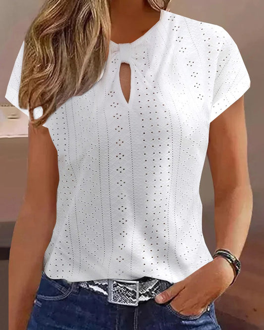 Eyelet Embroidery Keyhole Neck Top