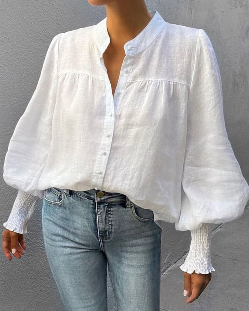 Lantern Sleeve Button Front Blouse