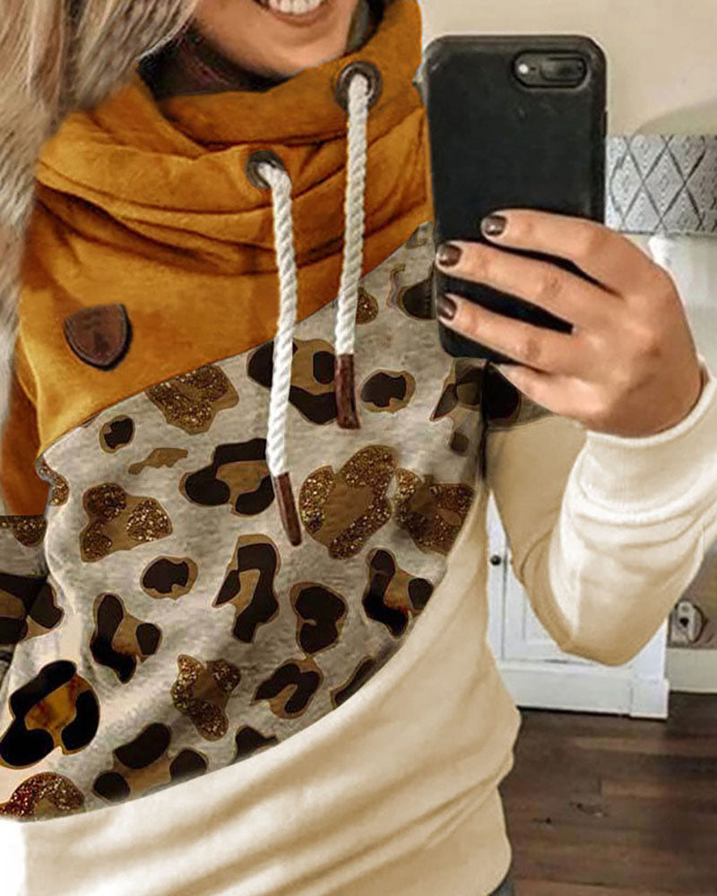 Lantern Sleeve Colorblock Leopard Print Hooded Top