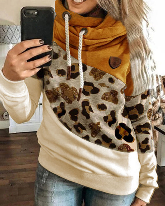 Lantern Sleeve Colorblock Leopard Print Hooded Top