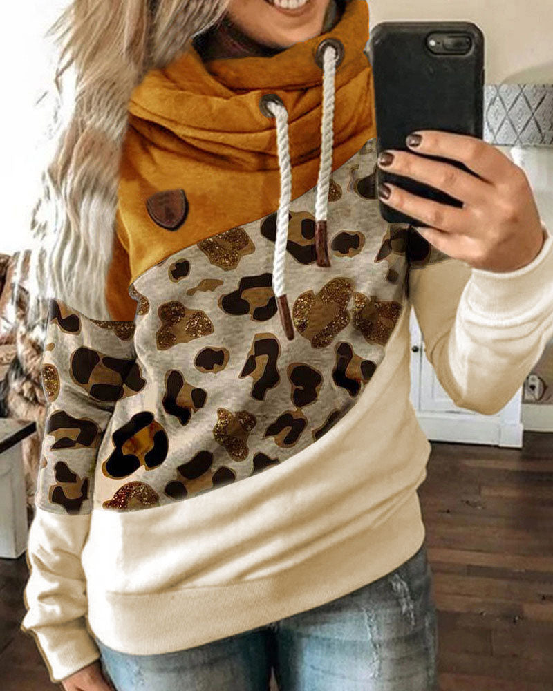 Lantern Sleeve Colorblock Leopard Print Hooded Top