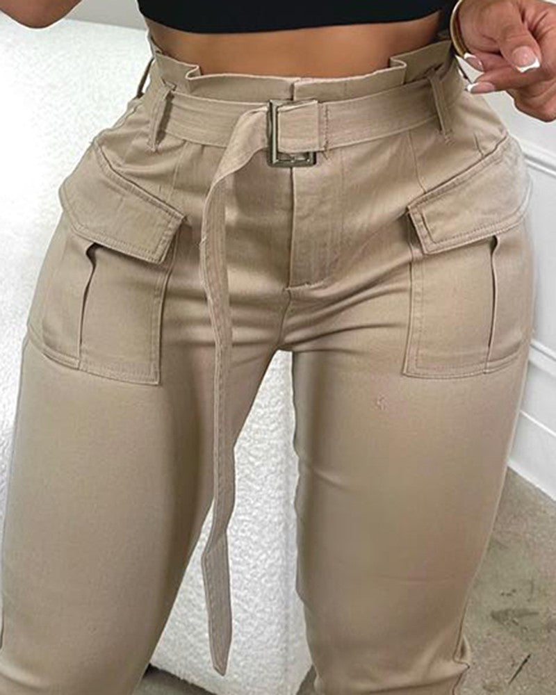 High Waist Pocket Design Cargo Pants With Belt