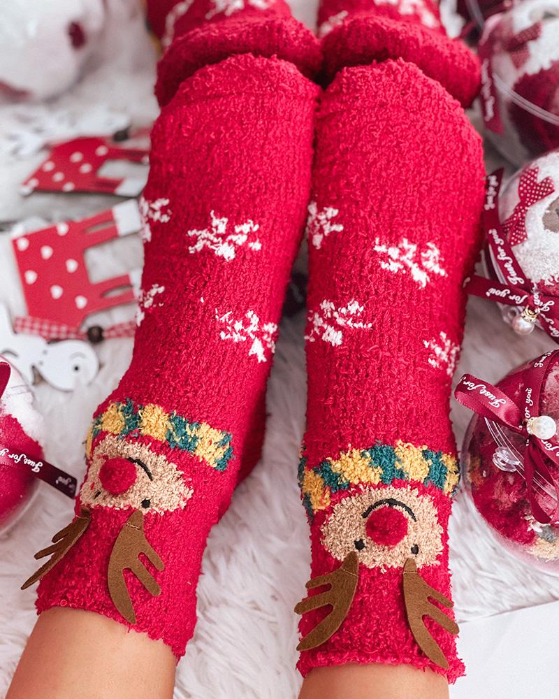 1Pair Christmas Snowflake Elk Snowman Pattern Fuzzy Thermal Socks