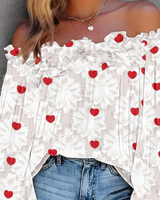 Heart Floral Pattern Lantern Sleeve Top