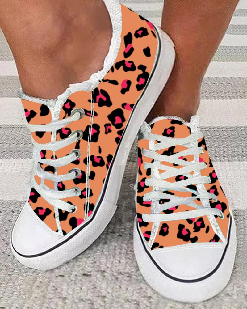 Leopard Print Raw Hem Lace up Canvas Sneakers