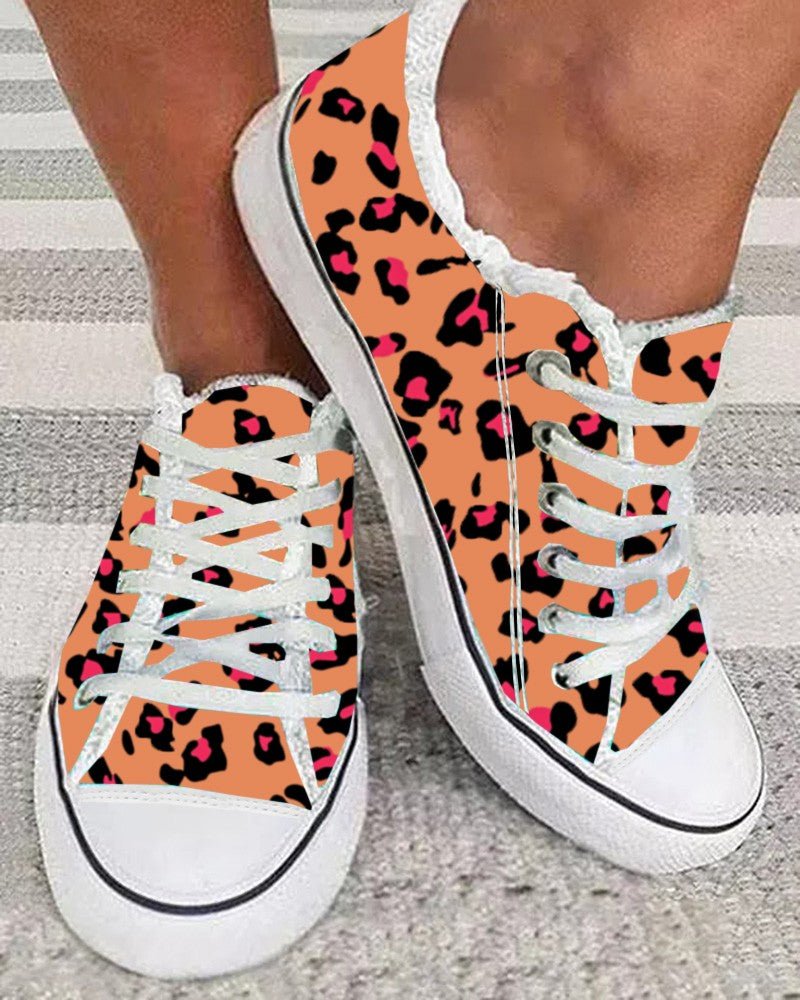 Leopard Print Raw Hem Lace up Canvas Sneakers