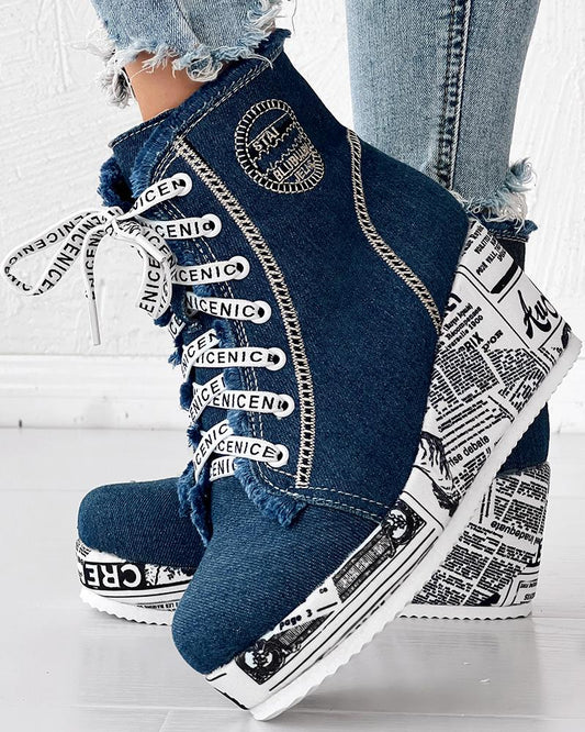 Newpaper Lace up Raw Hem Wedge Denim Ankle Boots