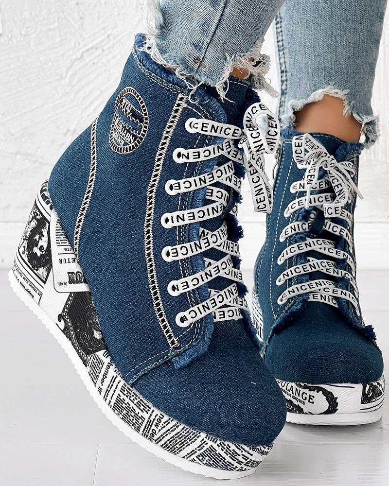 Newpaper Lace up Raw Hem Wedge Denim Ankle Boots