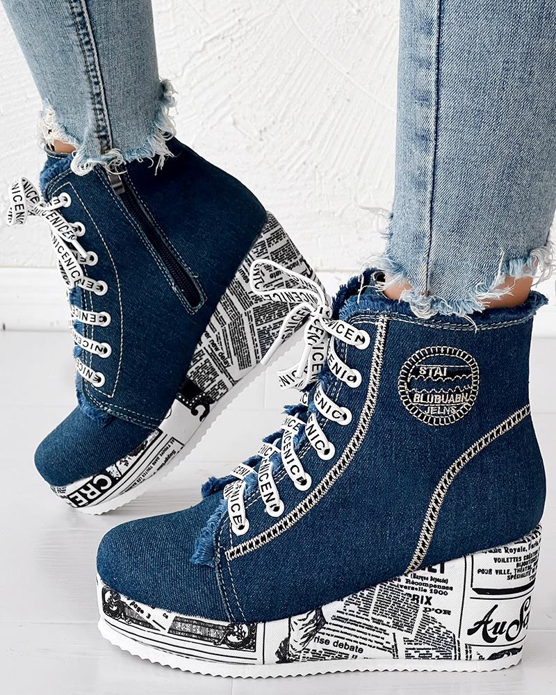 Newpaper Lace up Raw Hem Wedge Denim Ankle Boots