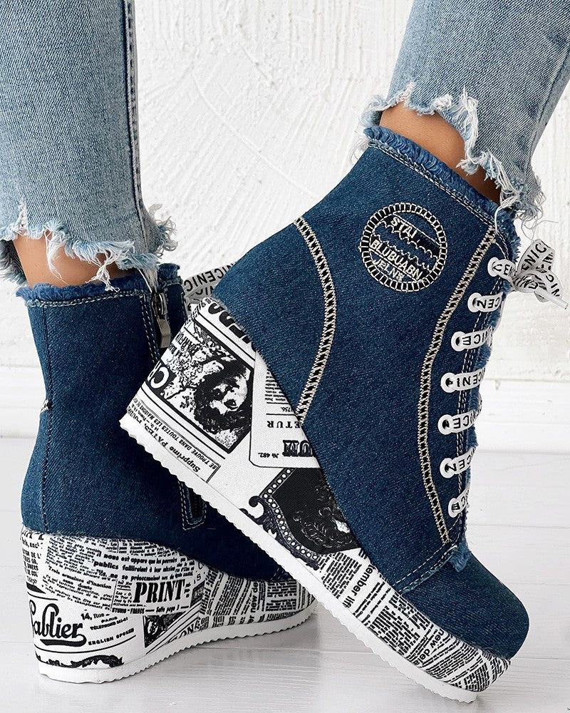 Newpaper Lace up Raw Hem Wedge Denim Ankle Boots