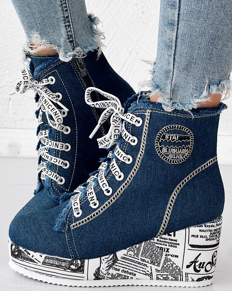 Newpaper Lace up Raw Hem Wedge Denim Ankle Boots