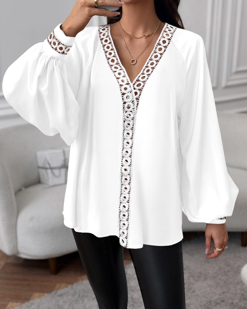 Lace Patch Lantern Sleeve Hollow Out Top