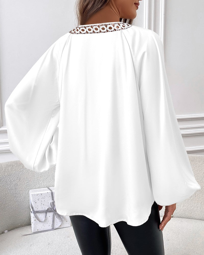 Lace Patch Lantern Sleeve Hollow Out Top