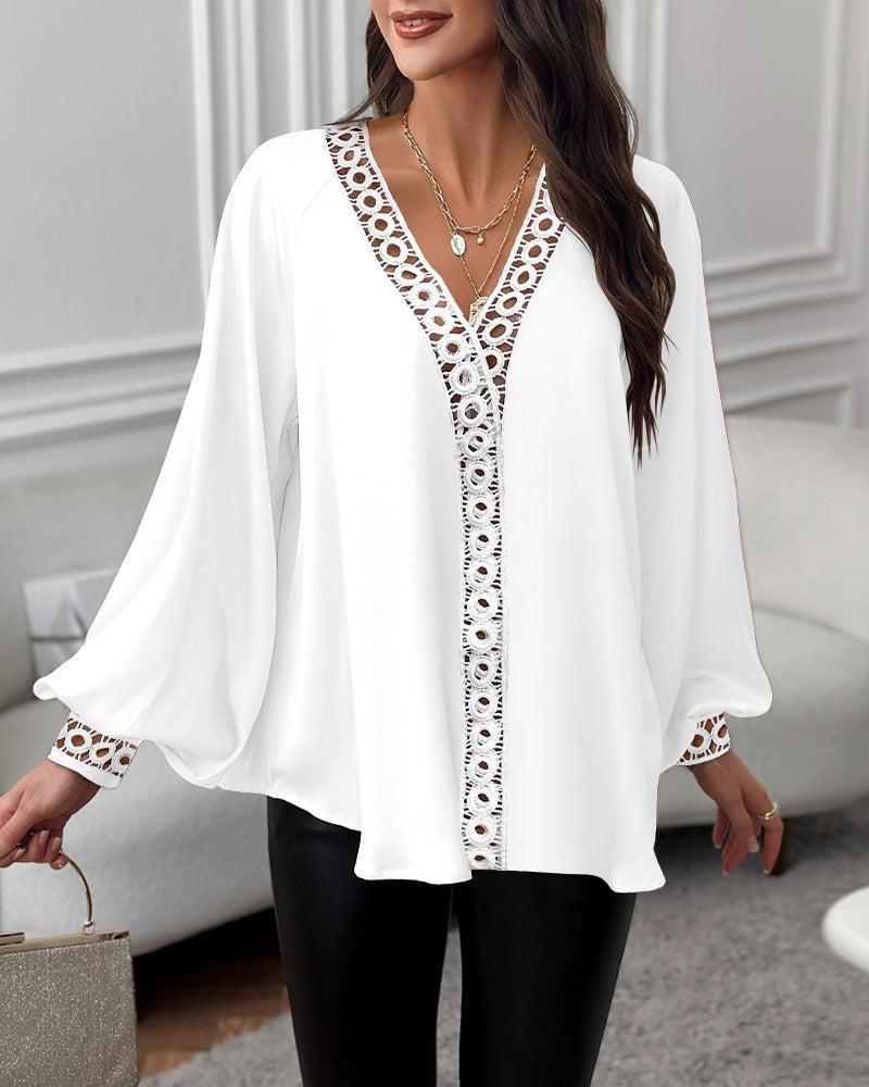 Lace Patch Lantern Sleeve Hollow Out Top