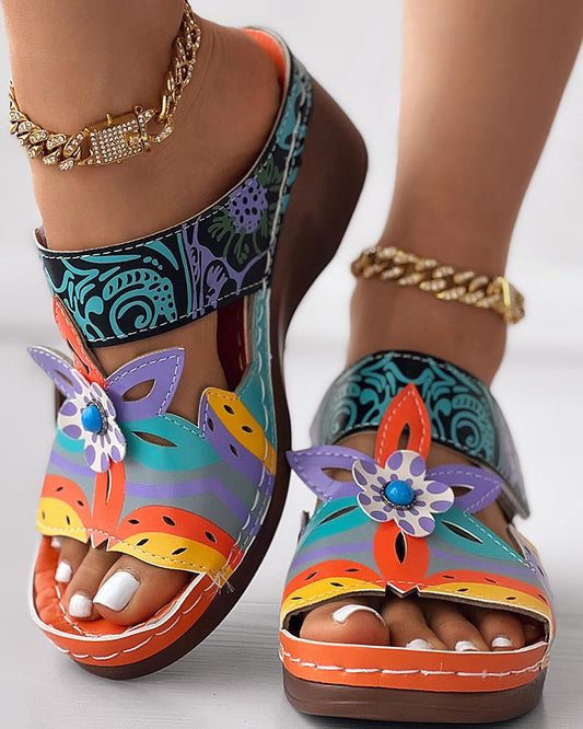 Colorblock Tribal Floral Pattern Wedge Slippers