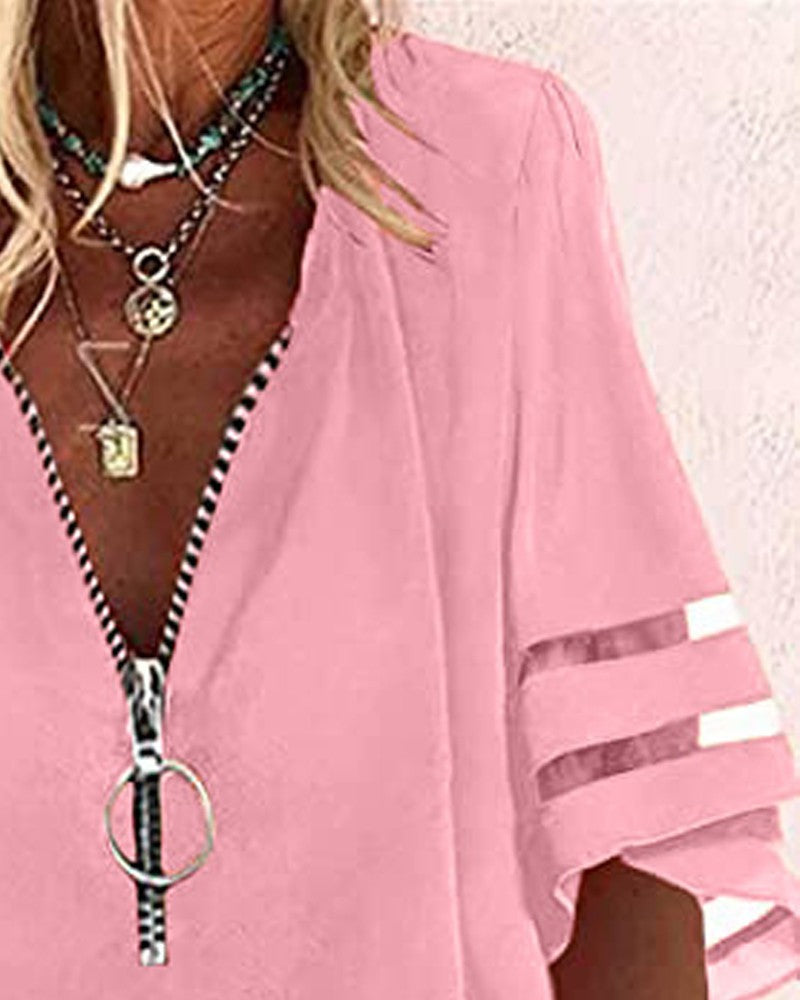 Contrast Mesh Bell Sleeve Zip Front Top