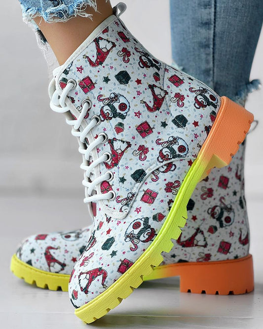 Christmas Gnomes Snowman Graphic Print Ombre Lace up Ankle Boots