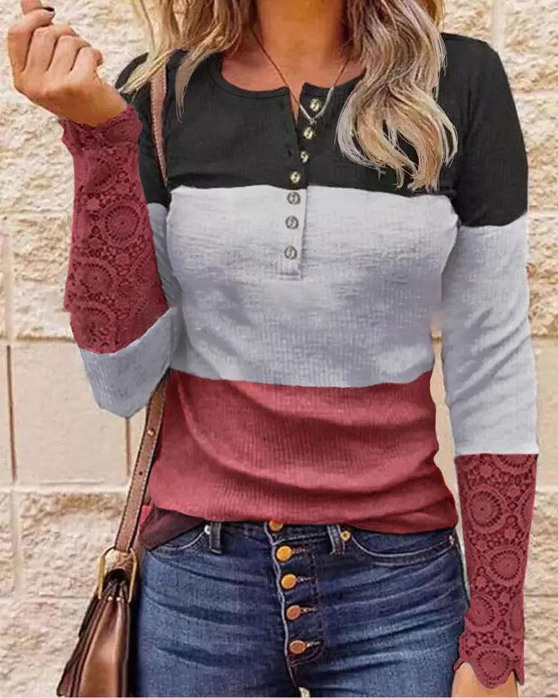 Colorblock Contrast Lace Long Sleeve Top