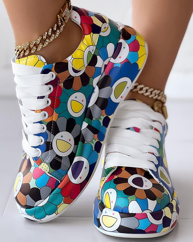 Happy Face Floral Painting Print Platform Sneakers