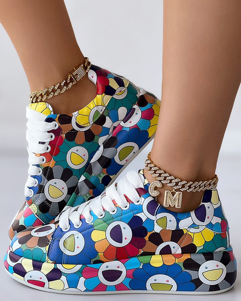 Happy Face Floral Painting Print Platform Sneakers