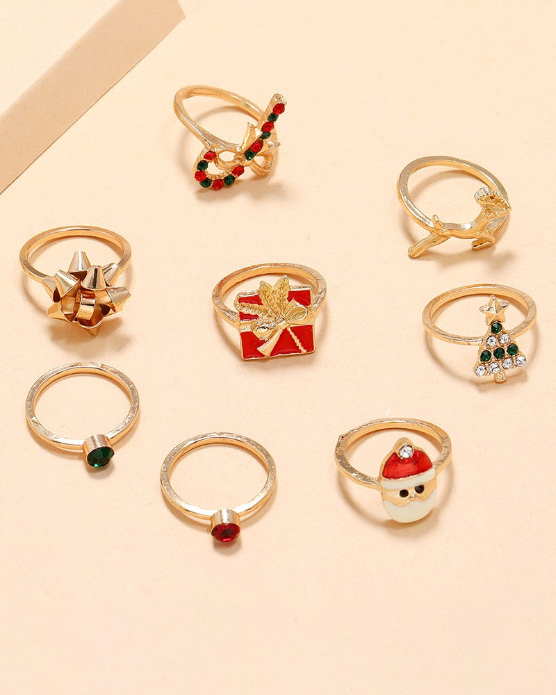 8pcs Christmas Santa Tree Gift Elk Candy Cane Rings Set