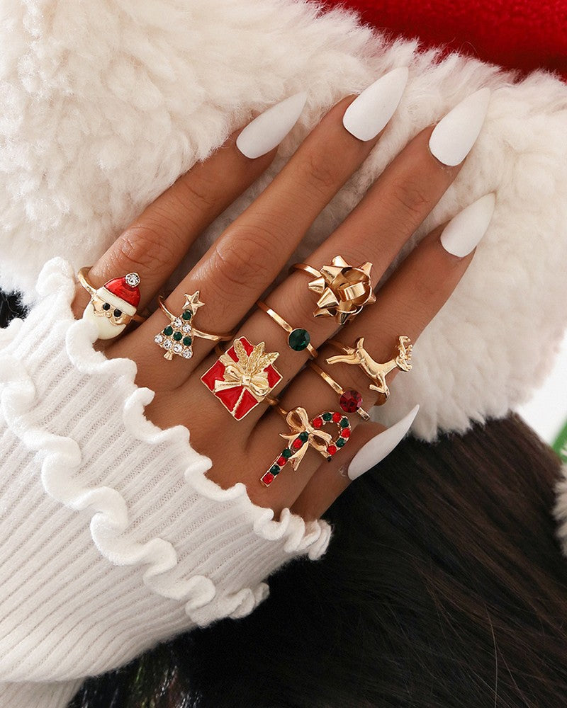 8pcs Christmas Santa Tree Gift Elk Candy Cane Rings Set