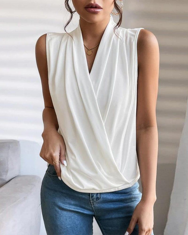 Ruched V Neck Sleeveless Wrap Top