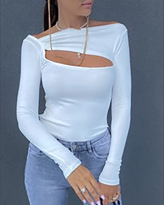 Long Sleeve Asymmetrical Neck Cutout Skinny Top