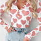 Heart Print Buttoned V Neck Bodysuit