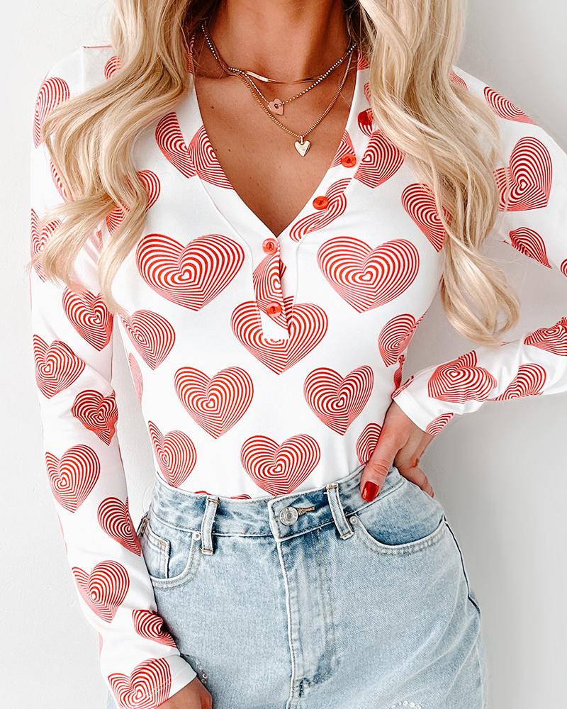 Heart Print Buttoned V Neck Bodysuit