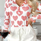 Heart Print Buttoned V Neck Bodysuit