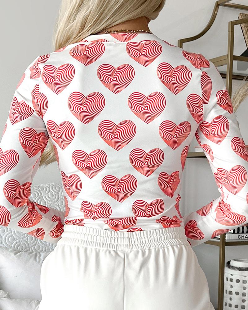 Heart Print Buttoned V Neck Bodysuit