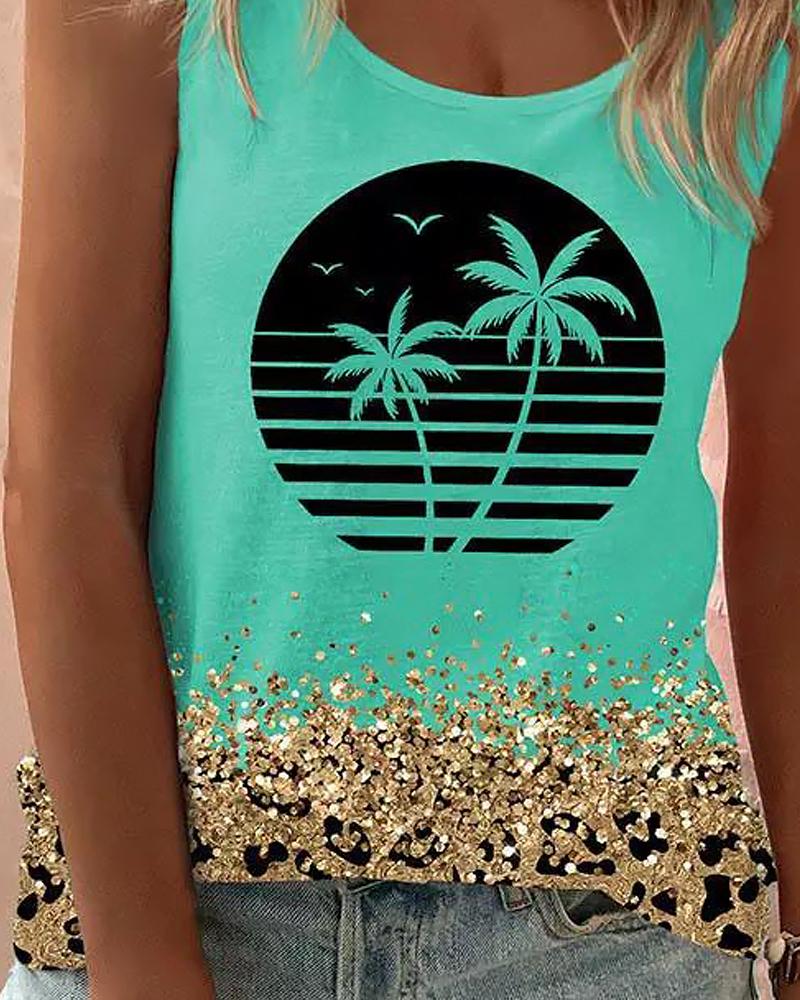 Coconut Tree Contrast Leopard Print Tank Top