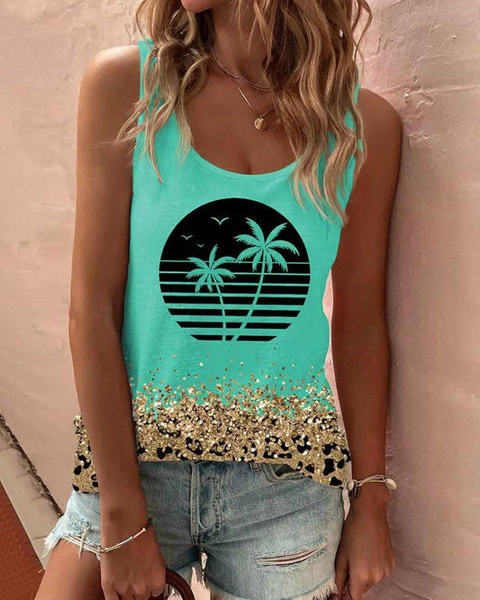 Coconut Tree Contrast Leopard Print Tank Top