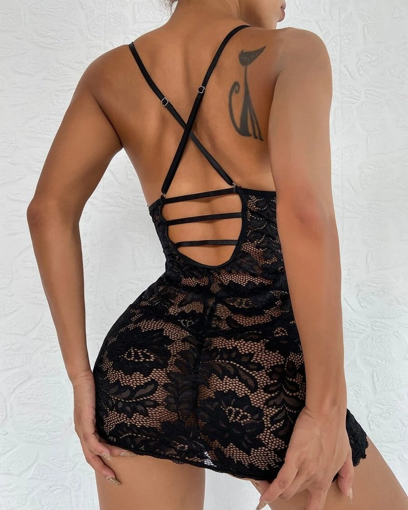 Crisscross Backless Lace Babydoll With Thong