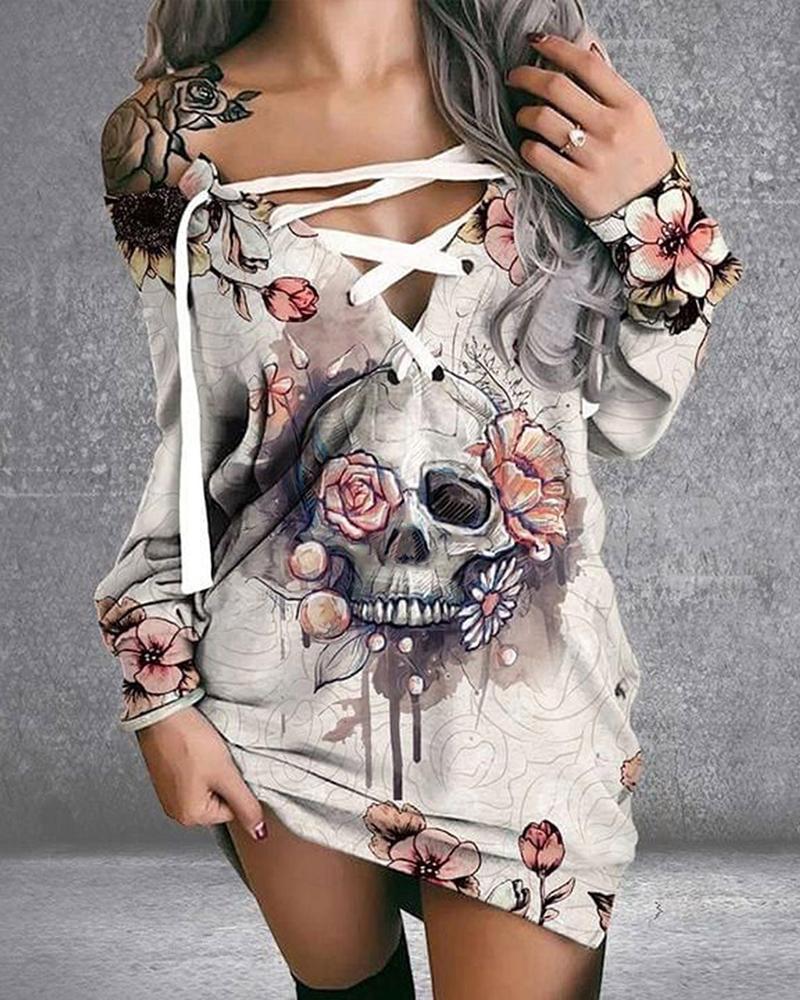 Halloween Eyelet Lace up Skull Floral Print Casual Dress