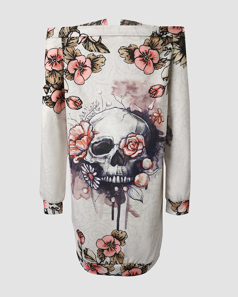 Halloween Eyelet Lace up Skull Floral Print Casual Dress