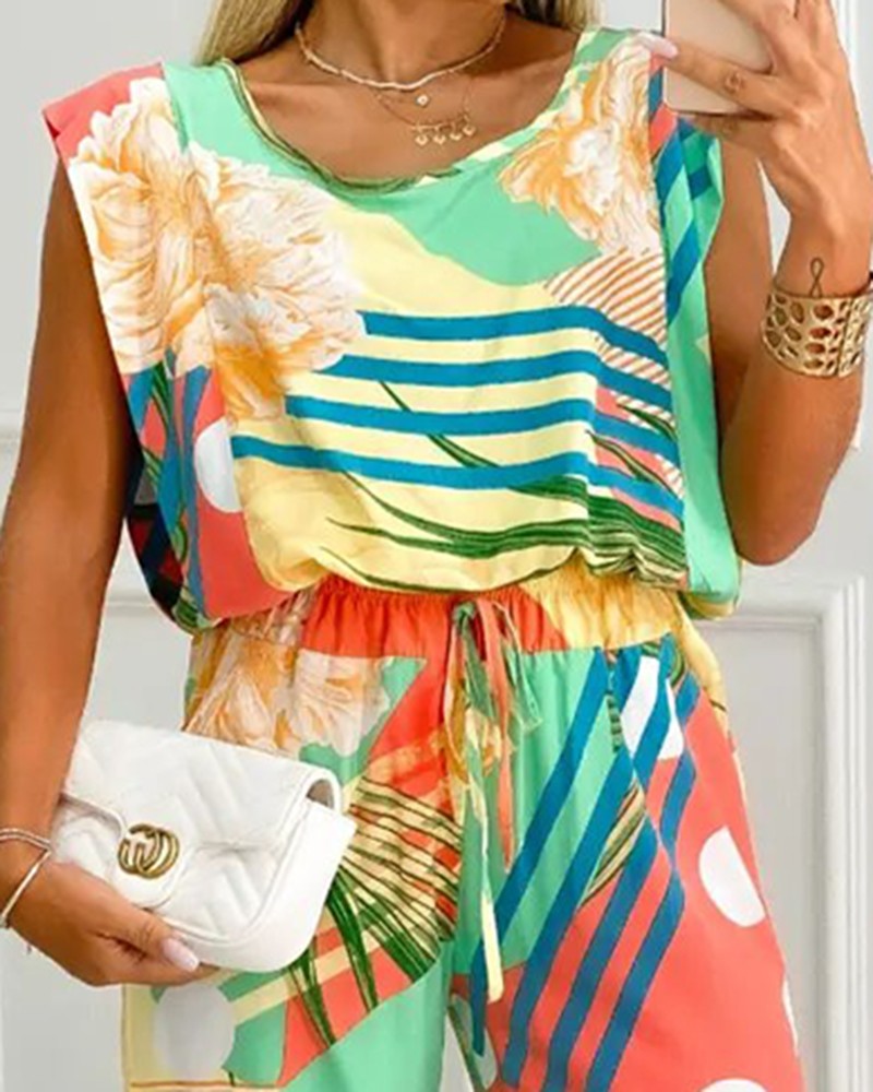 Tropical Print Round Neck Top & Drawstring Pants Set