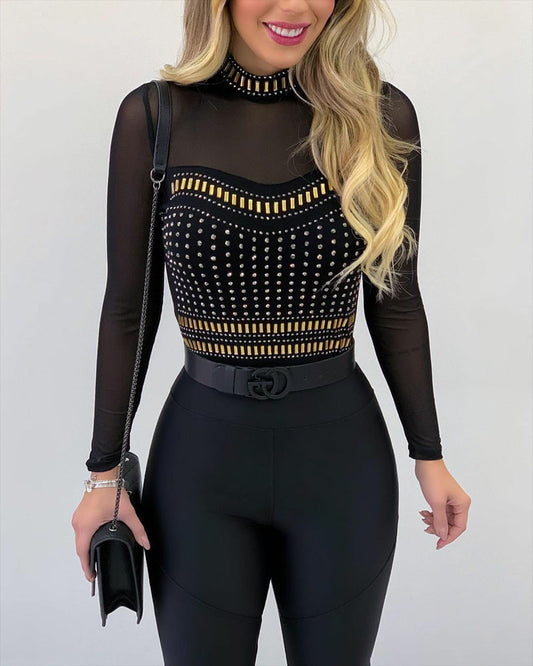 Rhinestone Decor Sheer Mesh Long Sleeve Top